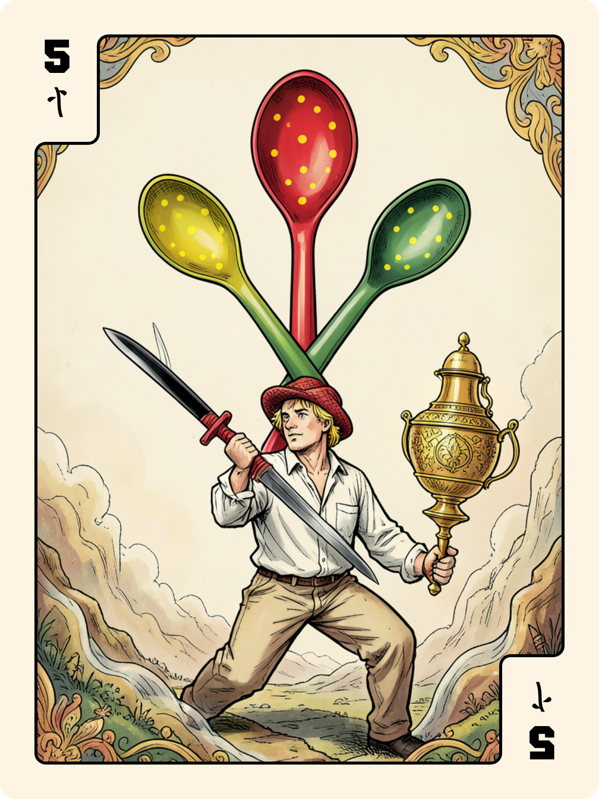 Valet d'Épée + 5 de Bâton + Dame de Coupe