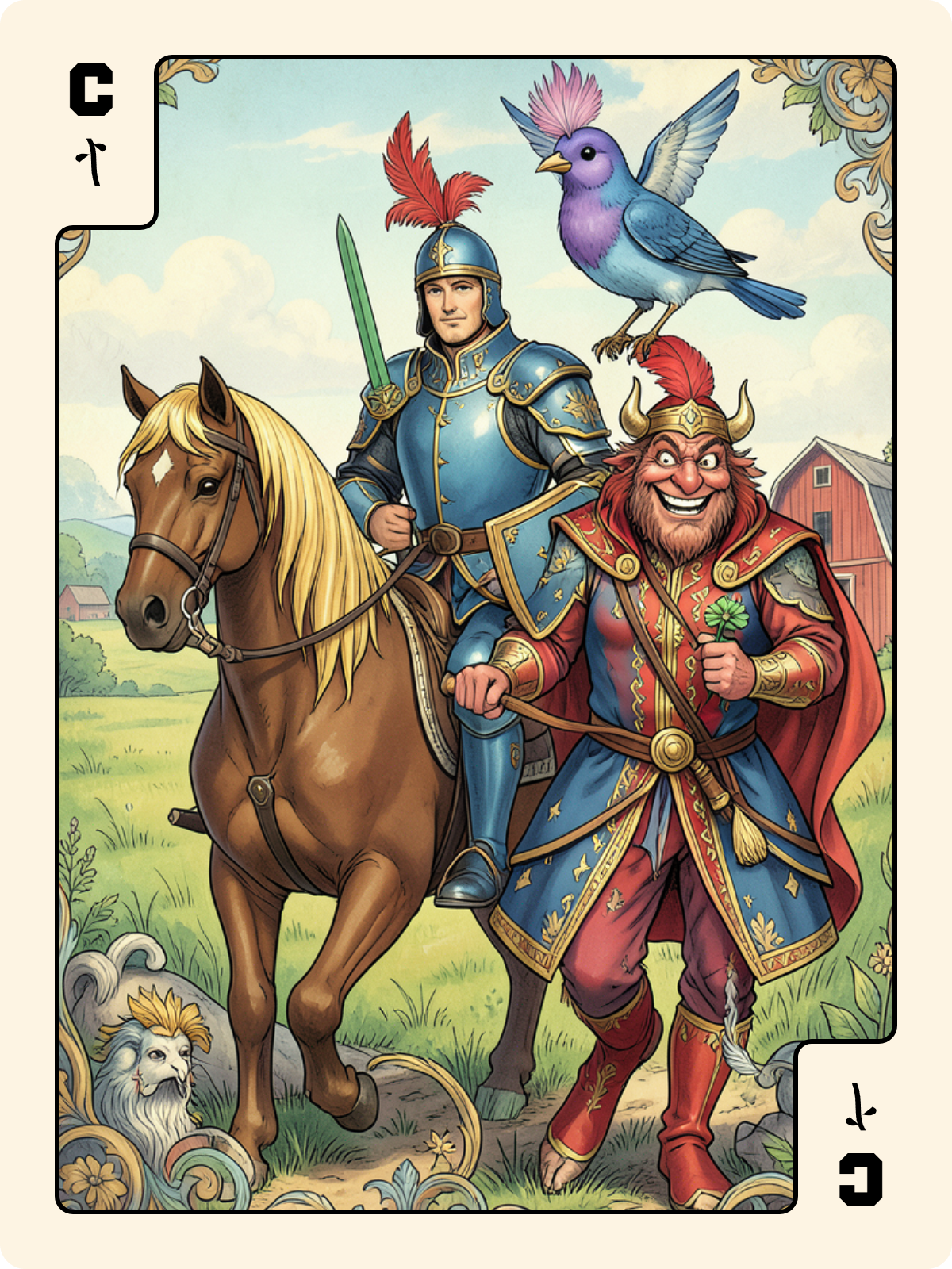 Roi de Trèfle + Cavalier de Bâton + Cavalier de Coupe