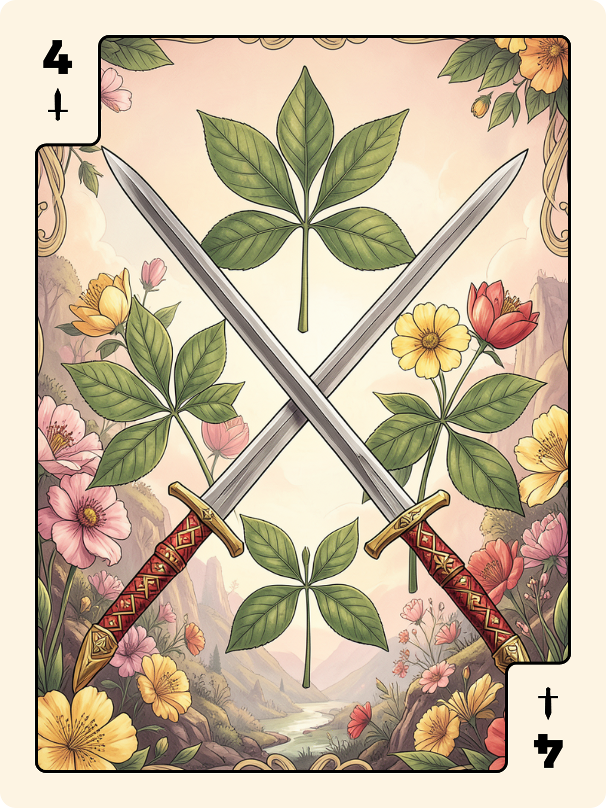 6 de Feuille + 4 d'Épée + Daus de Cœur