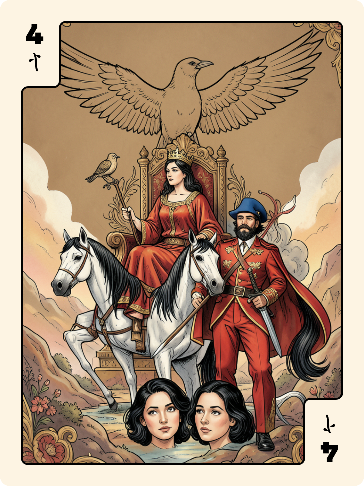 Roi de Bâton + 4 de Bâton + Cavalier de Cœur
