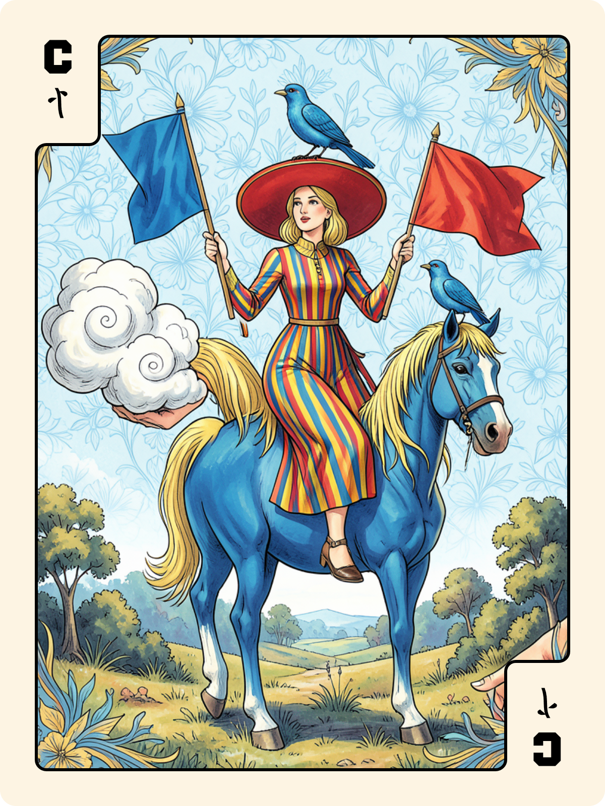 Roi de Trèfle + Cavalier de Bâton + As de Denier