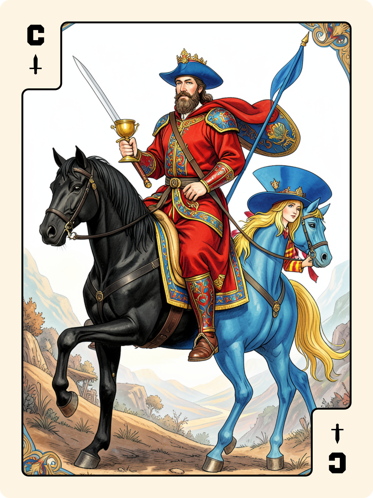 Roi de Coupe + Cavalier d'Épée + Cavalier de Bâton