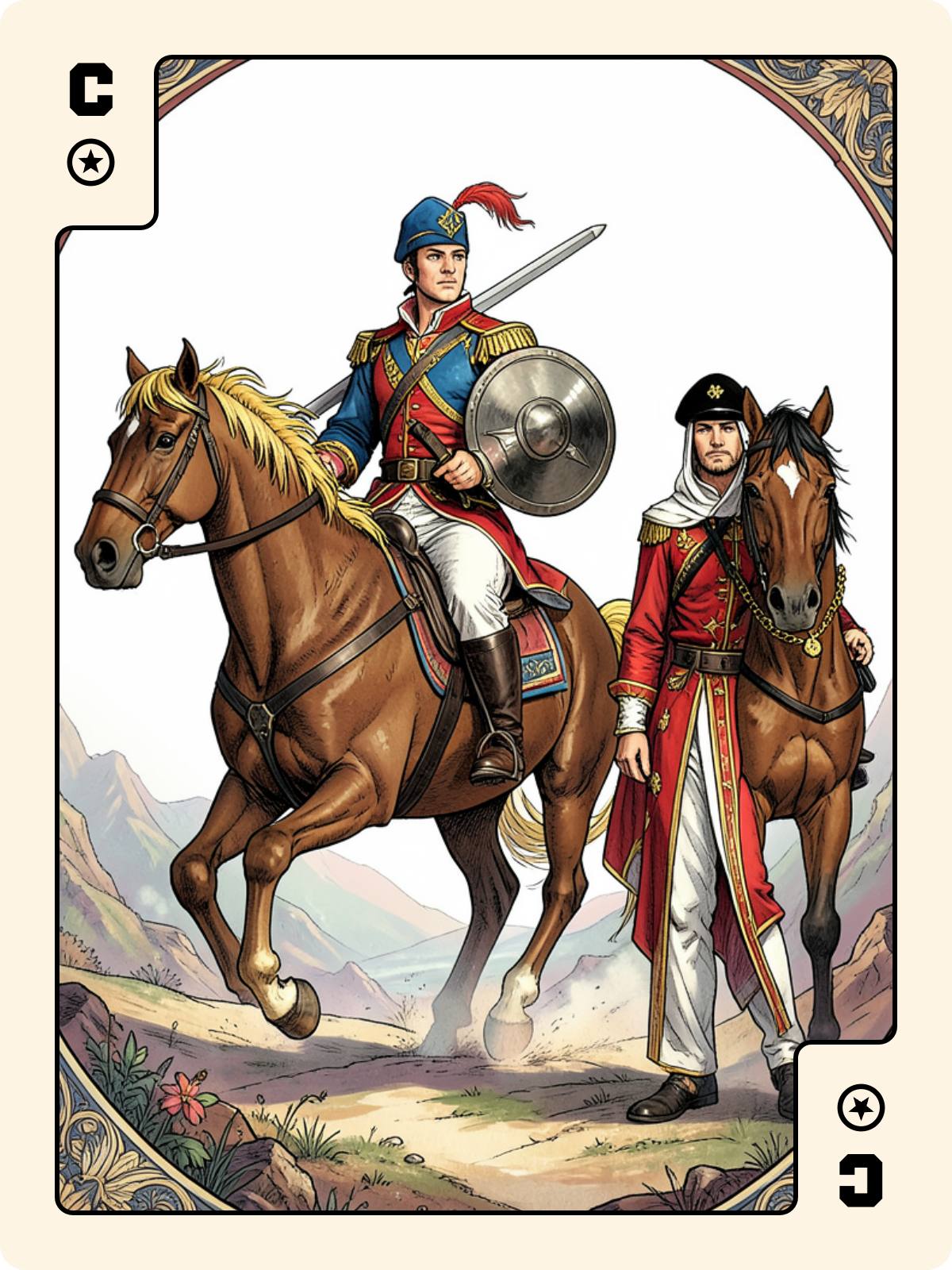 Cavalier de Carreau + Cavalier de Denier + As de Pique