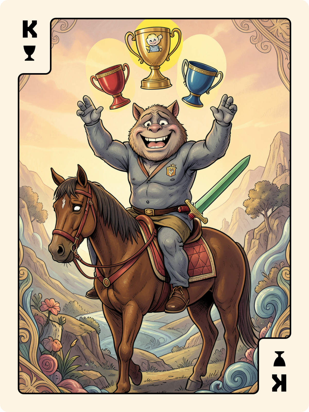 Roi de Bâton + Roi de Coupe + Cavalier de Denier