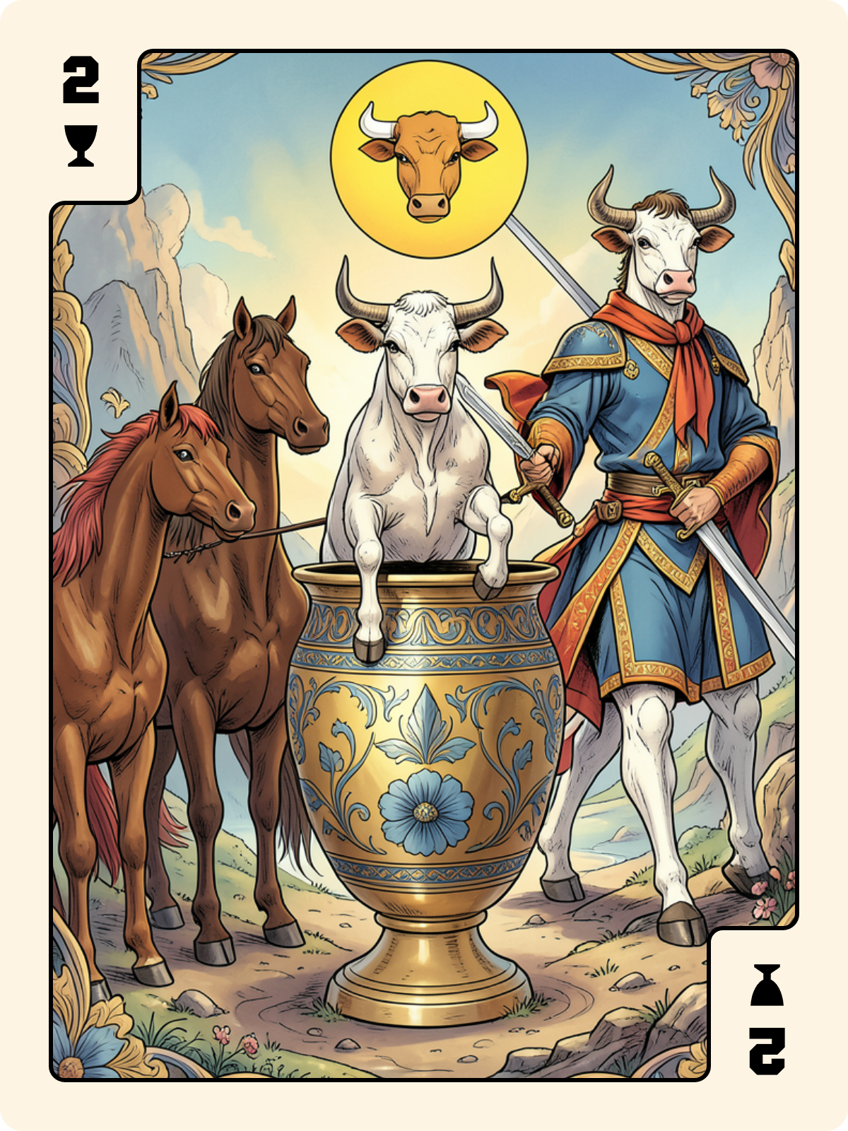 Cavalier de Denier + 2 de Coupe + Valet d'Épée