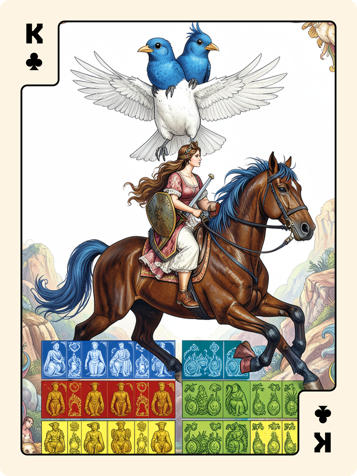 Cavalier de Denier + Roi de Trèfle + 7 de Coupe