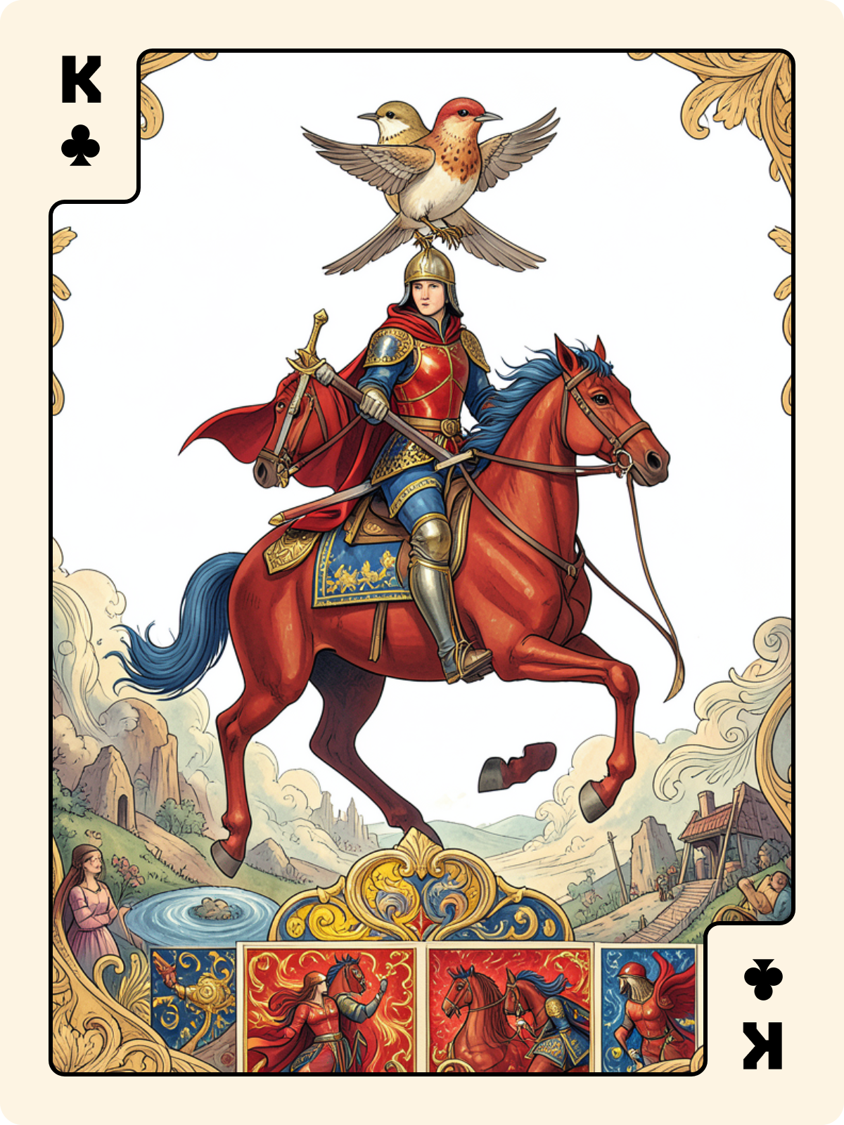 Cavalier de Denier + Roi de Trèfle + 7 de Coupe