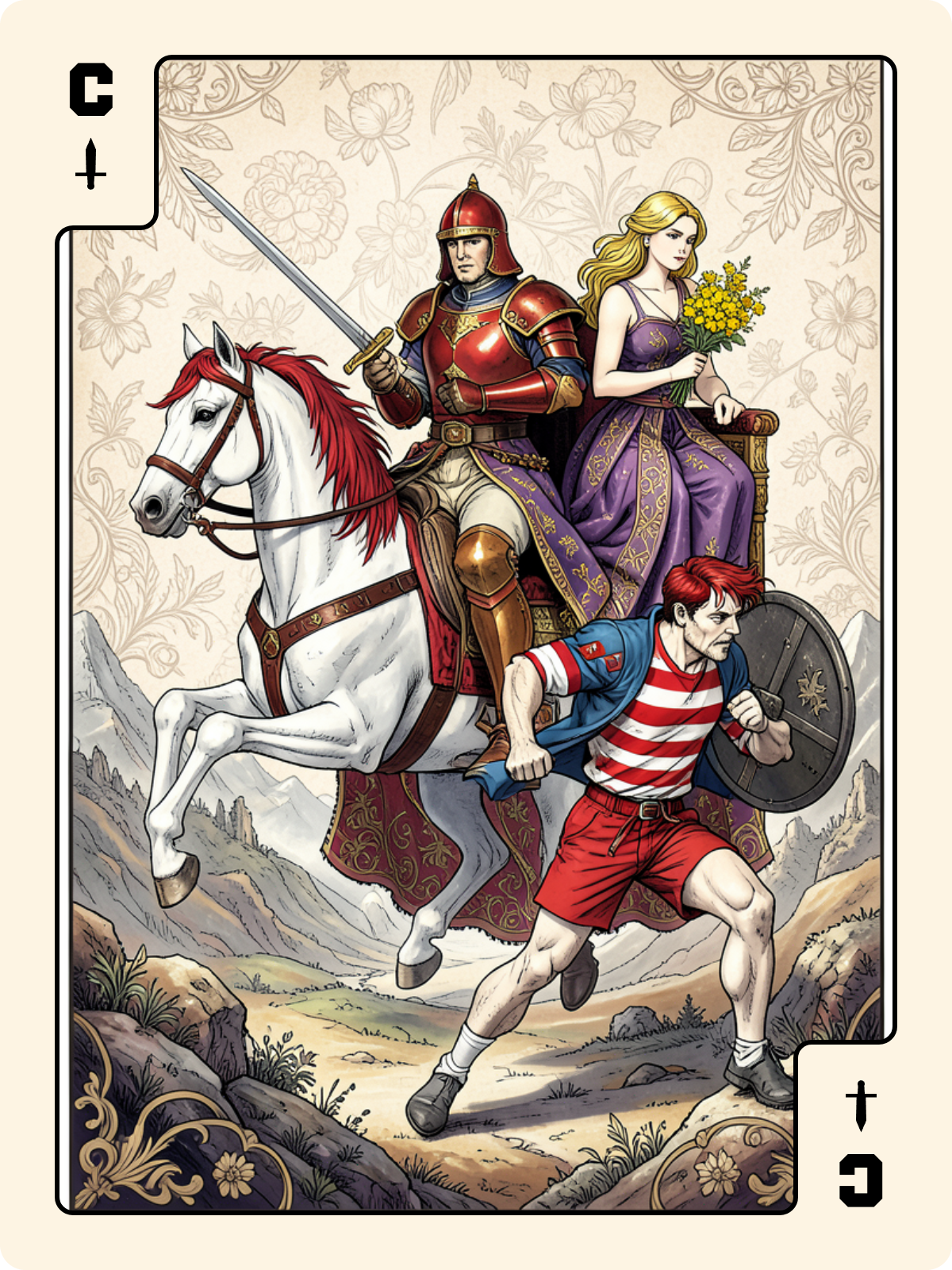 Dame de Trèfle + Cavalier d'Épée + Unter de Bouclier