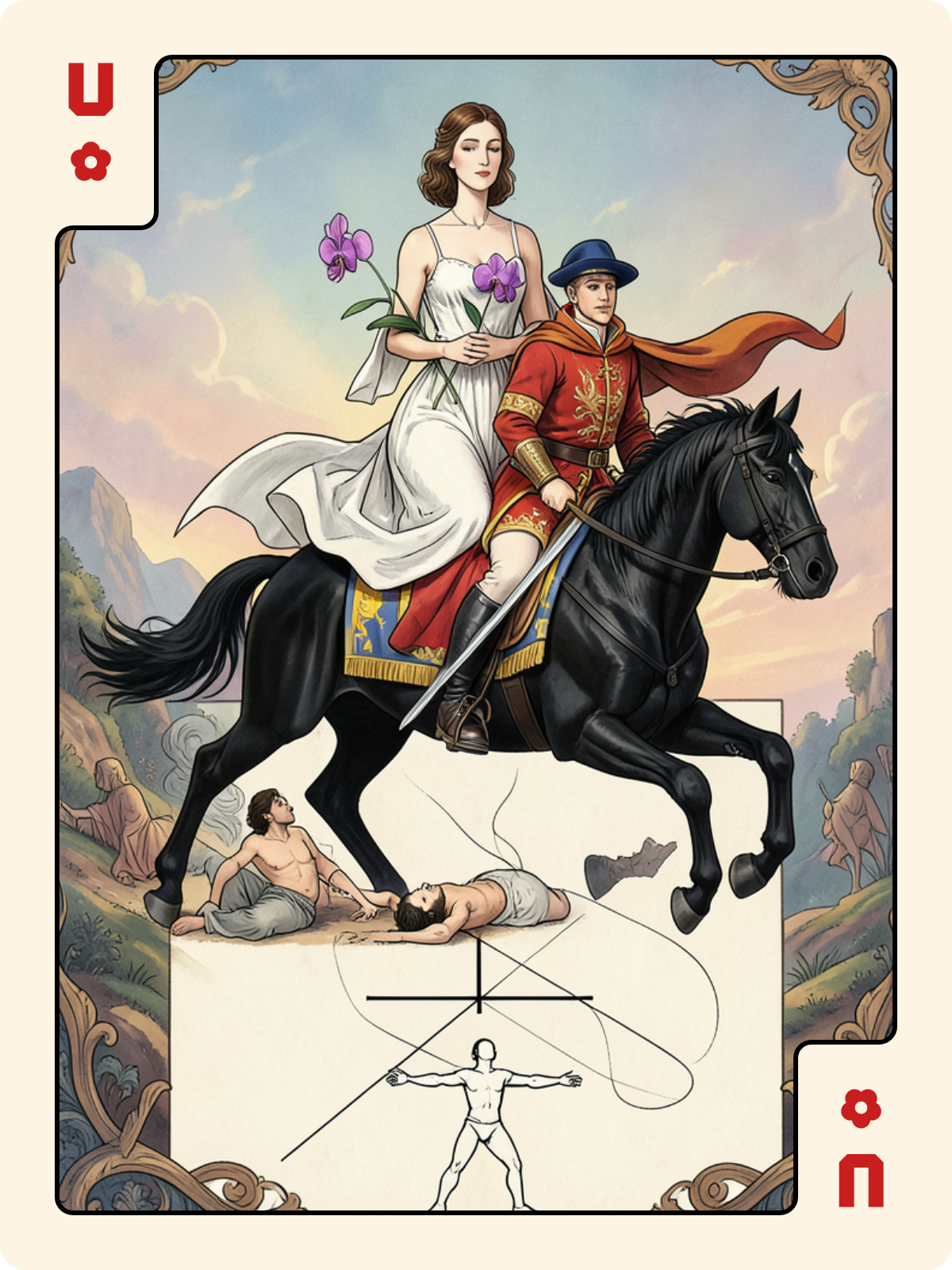 Cavalier d'Épée + Unter de Rose + 4 de Bâton