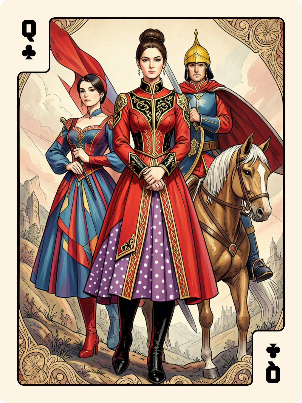 Dame de Trèfle + Dame de Trèfle + Cavalier de Coupe