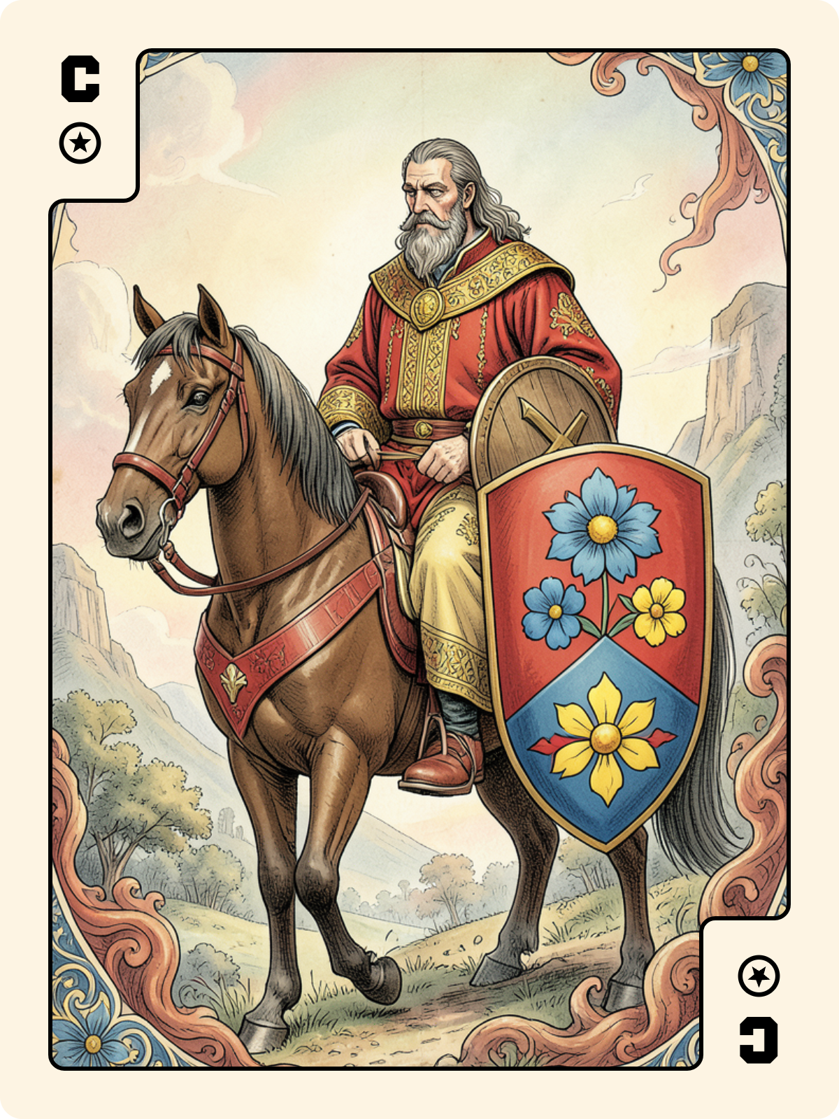 Roi de Trèfle + Cavalier de Denier + 10 de Rose