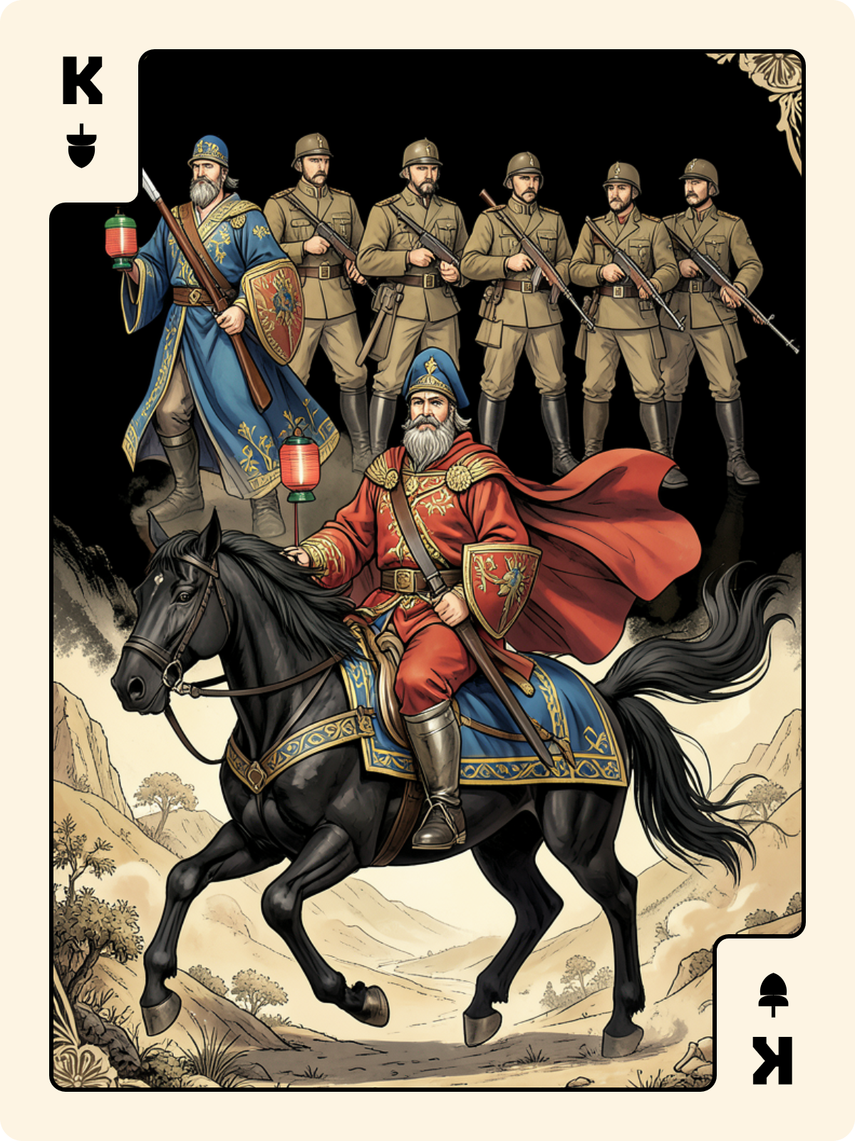 Cavalier d'Épée + Roi de Gland + Atout 21