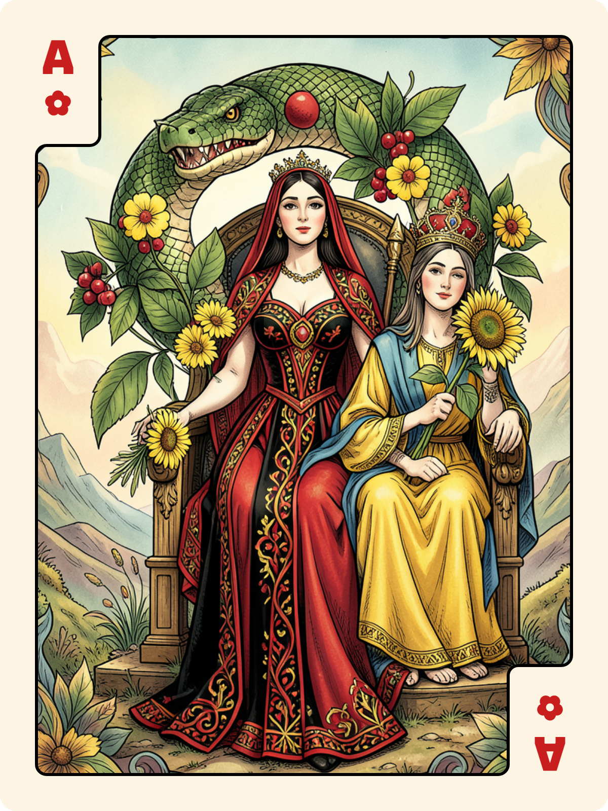 Dame de Cœur + As de Rose + Dame de Bâton