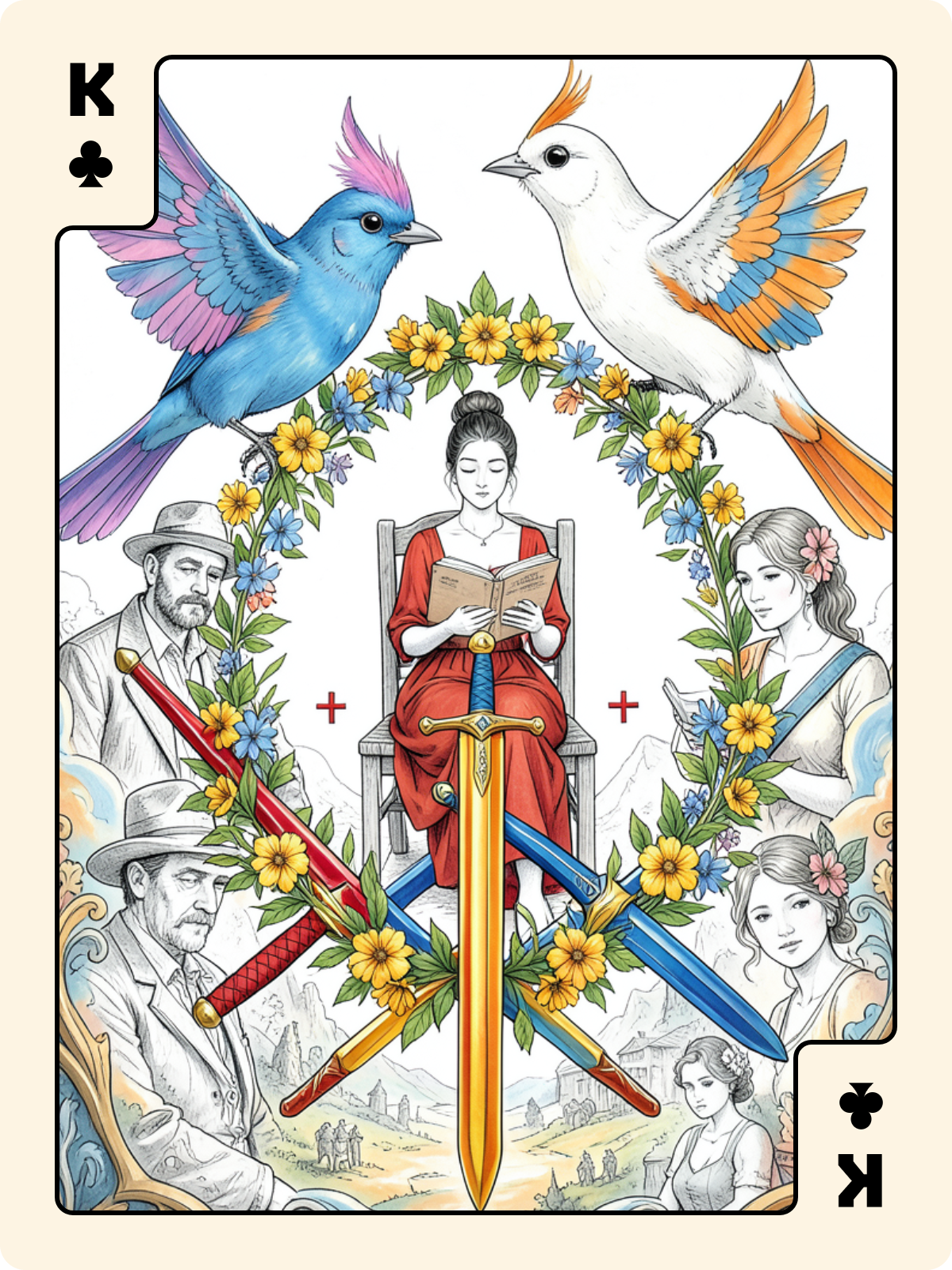 Cavalier de Coupe + Roi de Trèfle + 3 d'Épée
